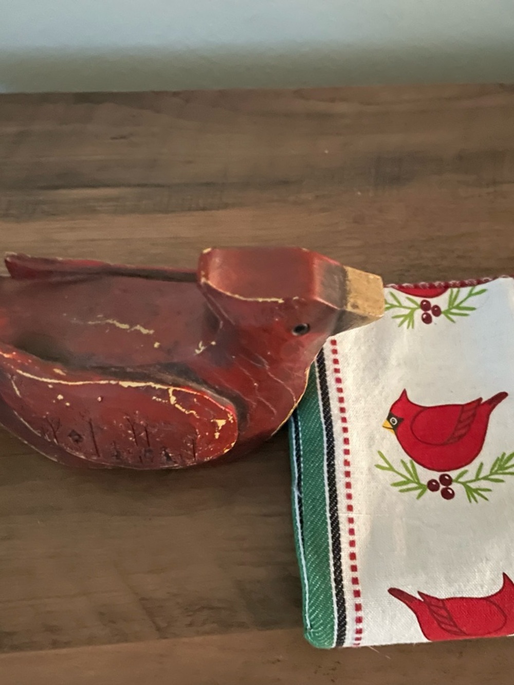 Hobby Lobby Red Wooden Bird Figurine and cardinal Tea Towel